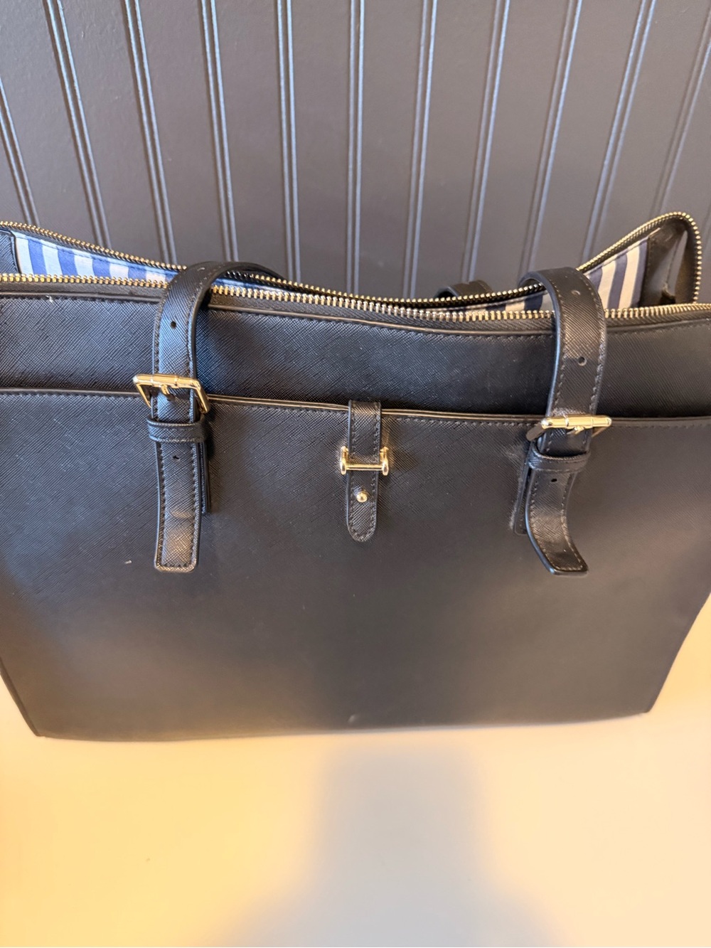 Structured Black laptop tote  with Gold Hardware and two accessories bags
